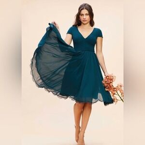 DRESS THE POPULATION Corey Dress, Fit & Flare,‎ Blue/Green Pine, Small 4/6, NWT